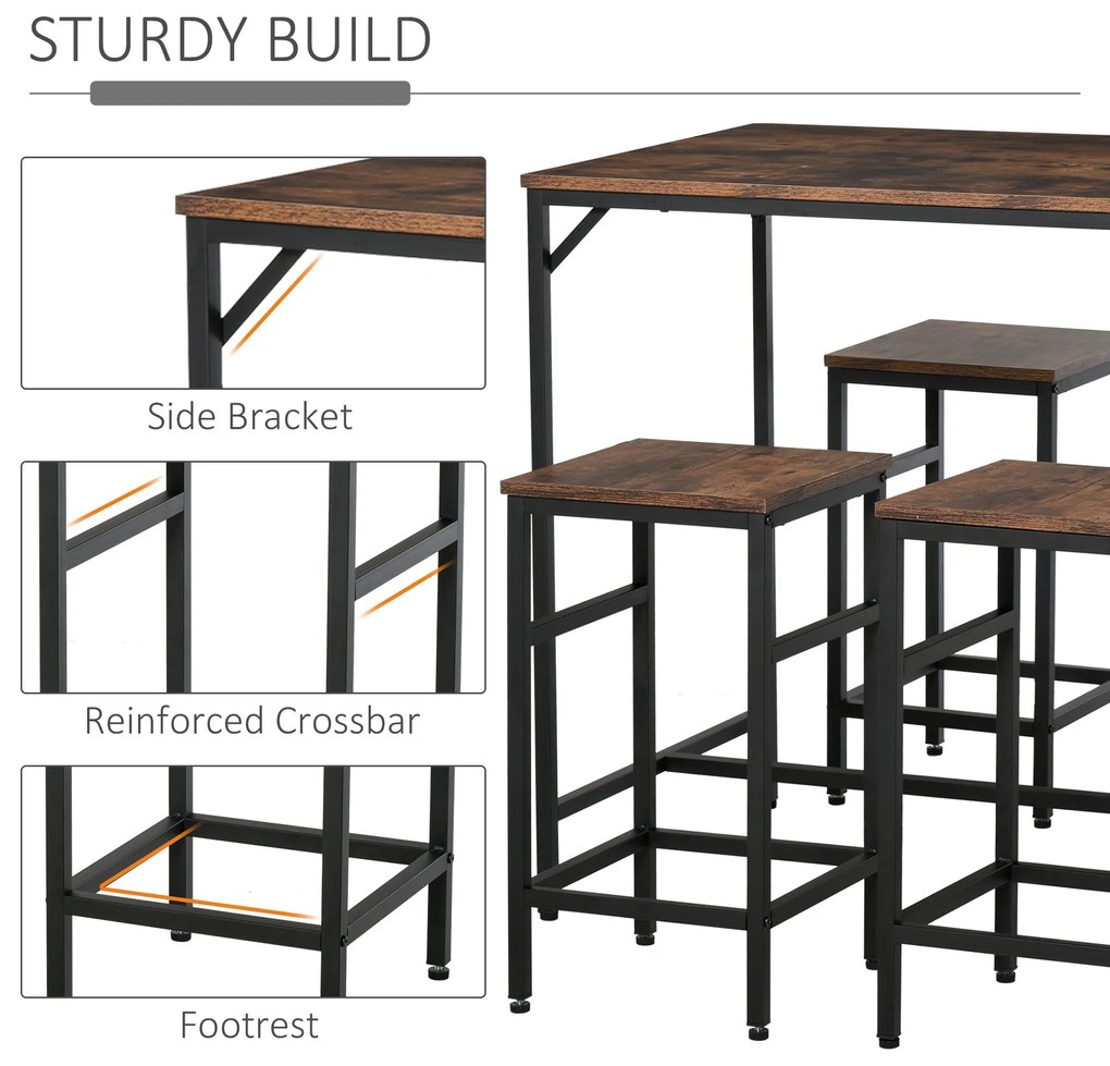 HOMCOM Masă Bar cu 4 Taburete, Stil Industrial, Picioare Antialunecare, Ideal pentru Bucătărie și bar, Maro, 100x60x88 cm | Aosom Romania
