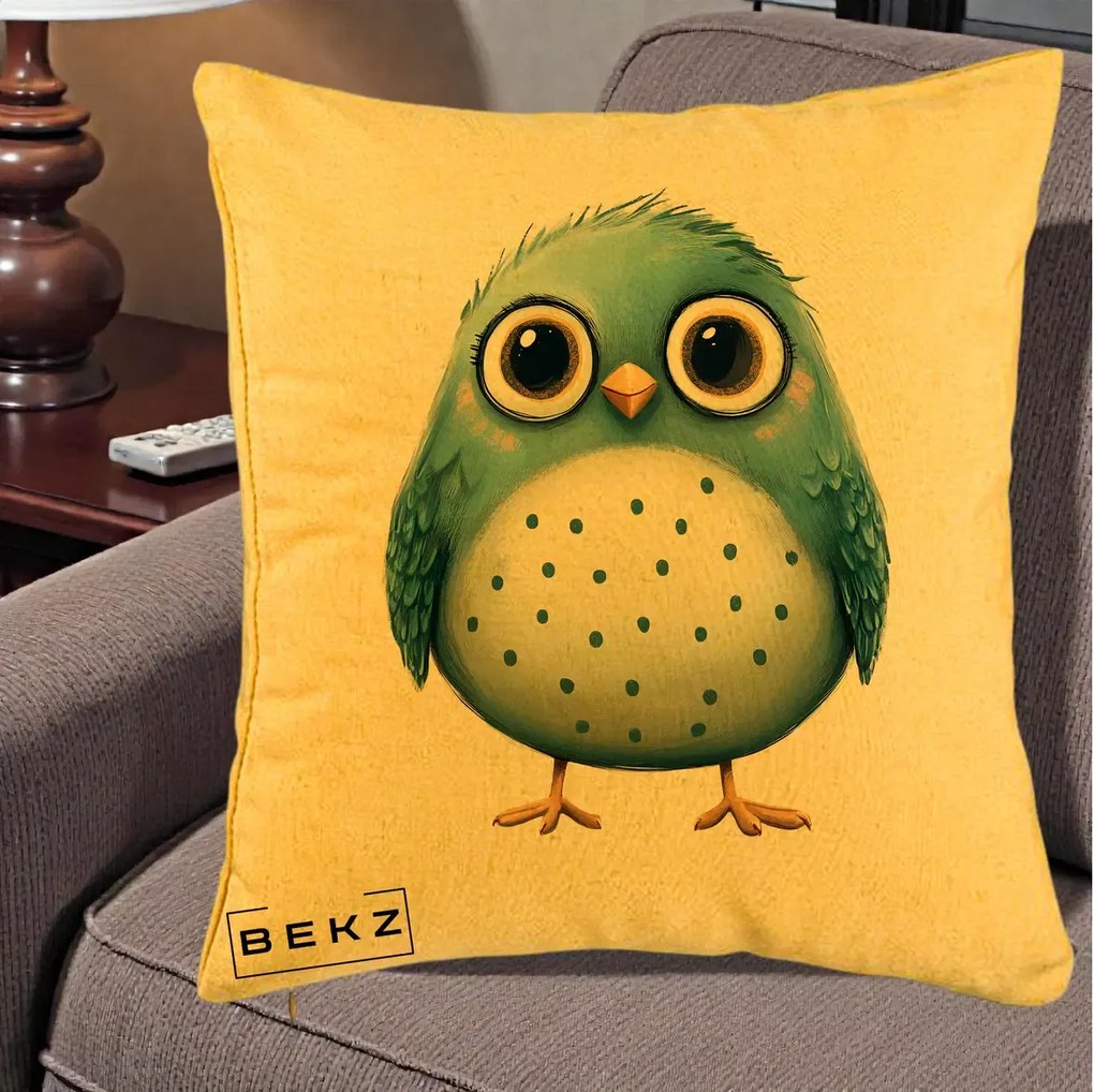 Perna Decorativa Pasare Teal cu Buline Teal, 40x40 cm, Galben, Husa Detasabila, Perna Inclusa, BEKZ®