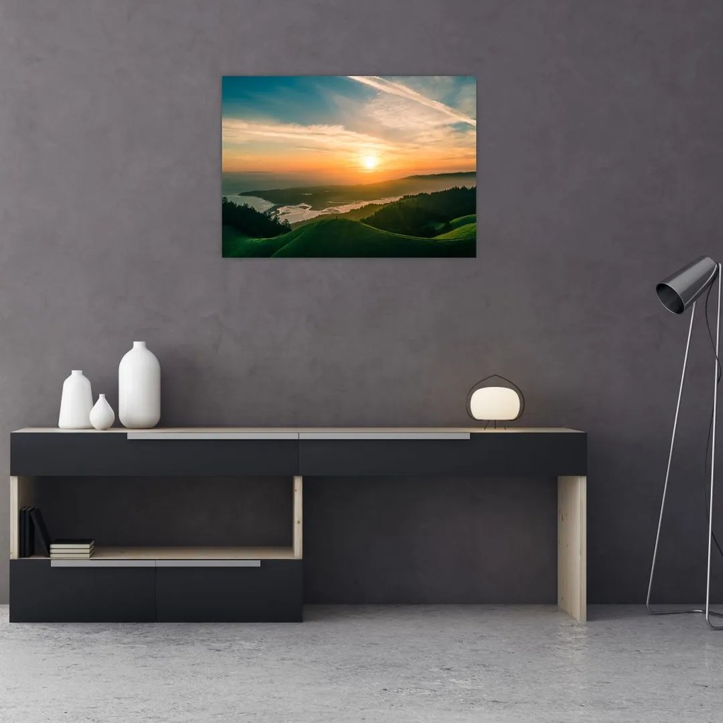 Tablou pe sticlă cu soarele răsărind deasupra mării (70x50 cm)