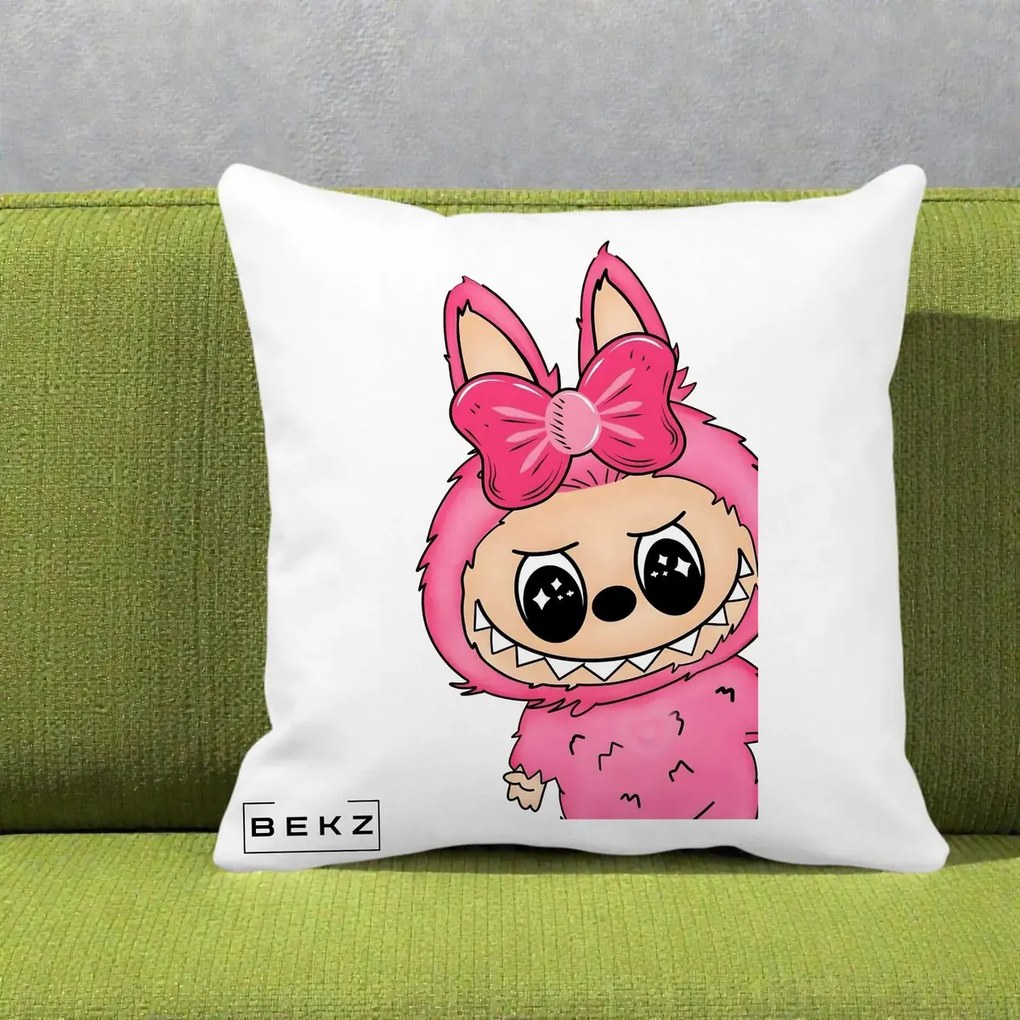 Perna Personalizata Labubu Roz cu Funda, 40x40 cm, Alba Mata, Husa Detasabila, Perna Inclusa, BEKZ®