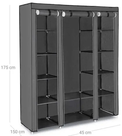 Dulap textil de depozitare MATIS 150x175 cm, gri, cu rafturi și bară pentru umerașe