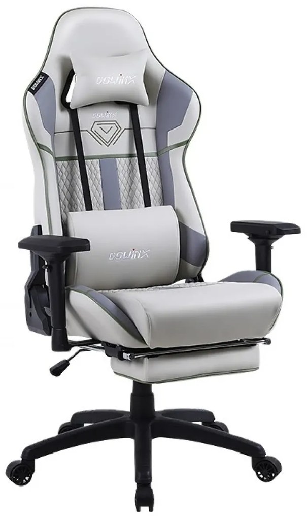 DOWINX Scaun gaming, ergonomic, pernă lombară cu masaj, suport pentru picioare, piele PU matlasata, respirabila, cotiere 4D, rezistent 150 kg, Gri