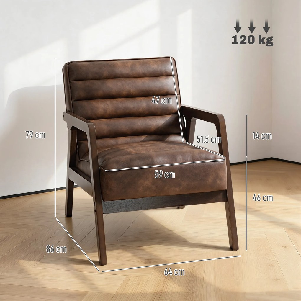 HOMCOM Fotoliu pentru living, fotoliu suplimentar tapițat din PU cu șezut lat, pernă groasă și structură din lemn masiv, maro | Aosom Romania
