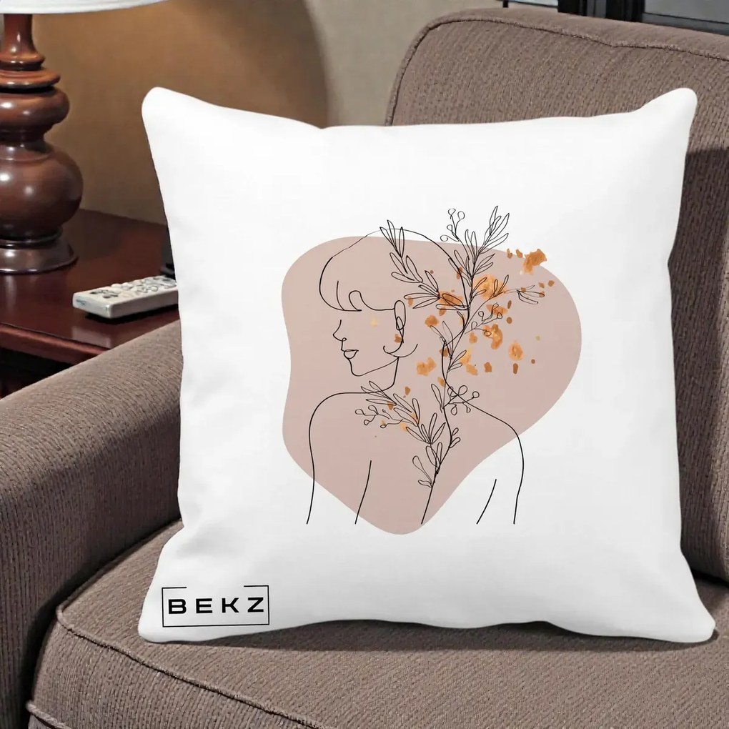 Perna Decorativa Femeie cu Flori Line Art Boho, 40x40 cm, Alba Mata, Husa Detasabila, Perna Inclusa, BEKZ®