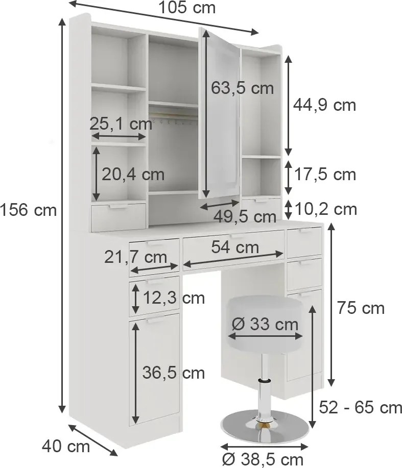 Masuta machiaj cu Oglinda LED si 7 Sertare pentru Cosmetice, Set Masa toaleta 105 cm, Alb, masuta cosmetica, vanity - SEA810