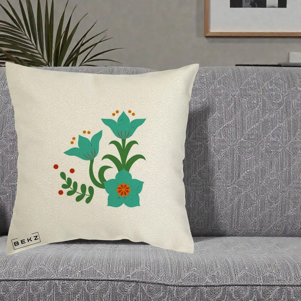 Perna Decorativa Flori Stilizate Folk Turcoaz, 40x40 cm, Ecru, Husa Detasabila, Perna Inclusa, BEKZ®