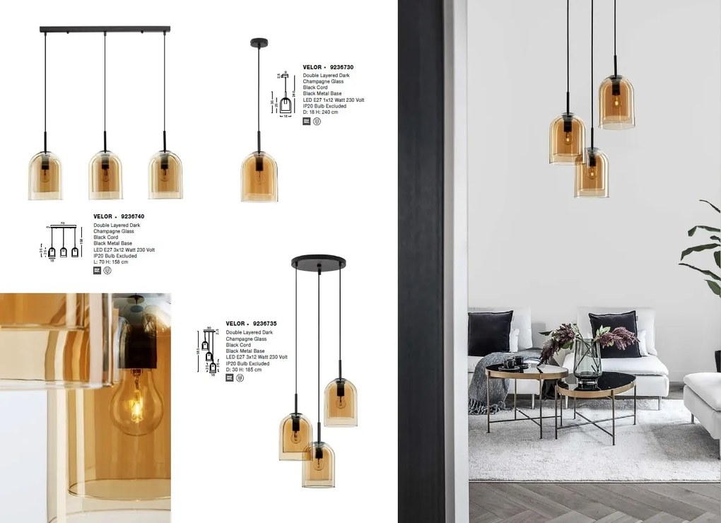 Lustra cu 3 pendule modern Velor champagne