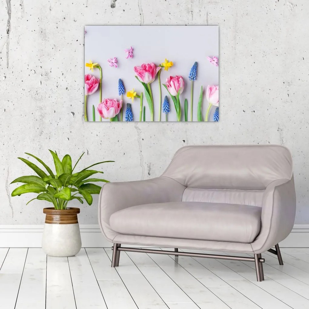 Tablou pe sticlă - Flori de primăvară (70x50 cm)
