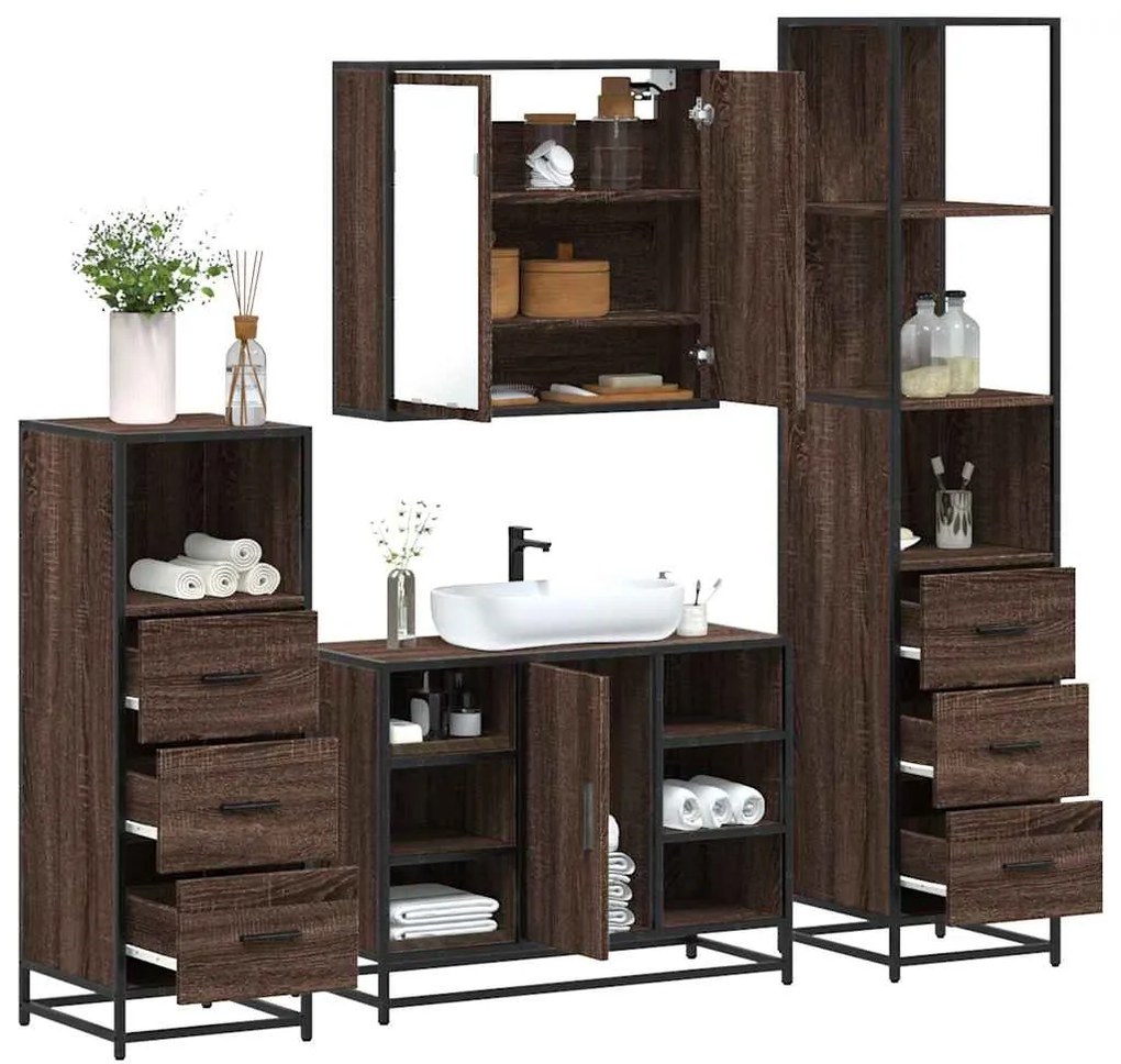 vidaXL Set de mobilier de baie din 4 piese din lemn de stejar maro