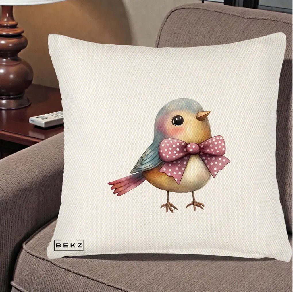Perna Decorativa Pasare Bleu cu Fundita Roz, 40x40 cm, Crem Reliefat, Husa Detasabila, Perna Inclusa, BEKZ®