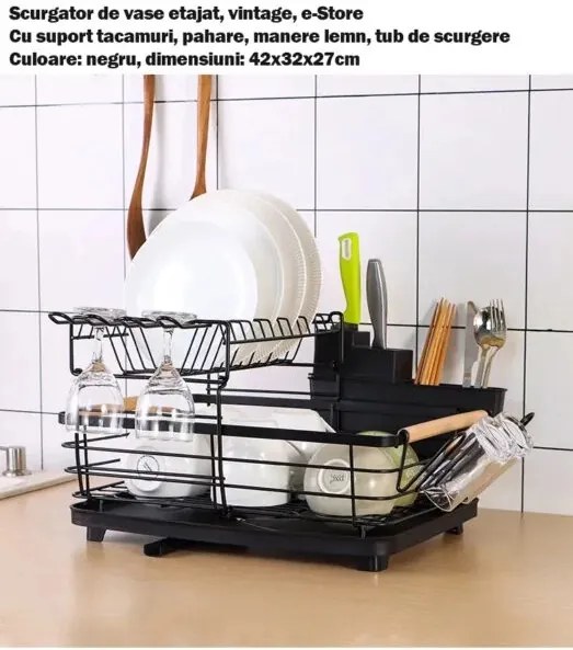 Scurgator, picurator vase chiuveta etajat, vintage, suport tacamuri, pahare, manere lemn, tub de scurgere, negru, 42x32x27cm
