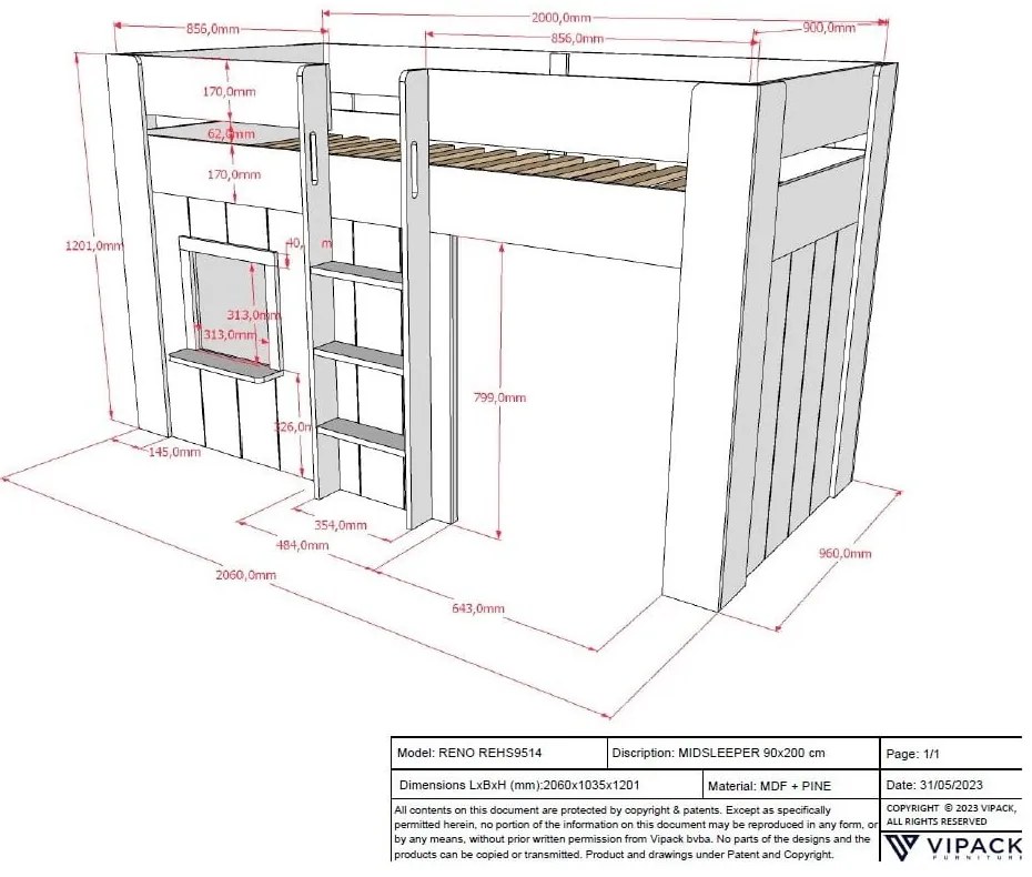 Pat pentru copii alb înalt din lemn masiv de pin 90x200 cm RENO – Vipack