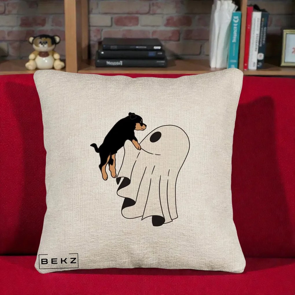 Perna Decorativa Caine Rottweiler Fantoma Halloween, 40x40 cm, Bej Canapea, Husa Detasabila, Perna Inclusa, BEKZ®