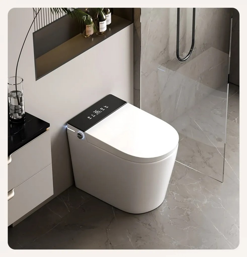Smart WC 858 – Vas de Toaletă Inteligent cu Bideu, Sterilizare UV, Deschidere/Închidere automată, Senzor picior, Control inteligent al Temperaturii, Uscare aer cald, Iluminare de noapte, Afișaj LED, Telecomandă, Ceramică, Alb/Negru