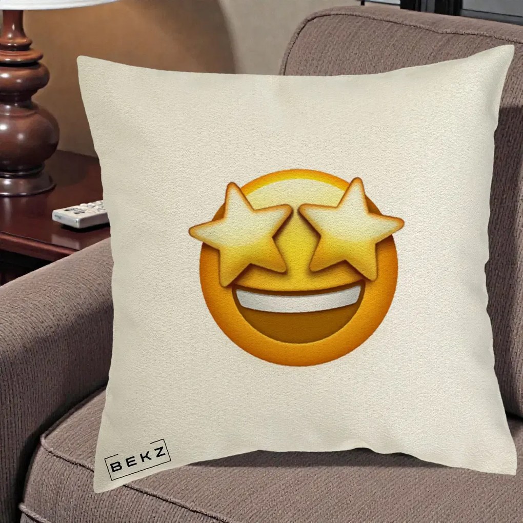 Perna Decorativa Emoji Ochi Stele, 40x40 cm, Ecru, Husa Detasabila, Perna Inclusa, BEKZ®