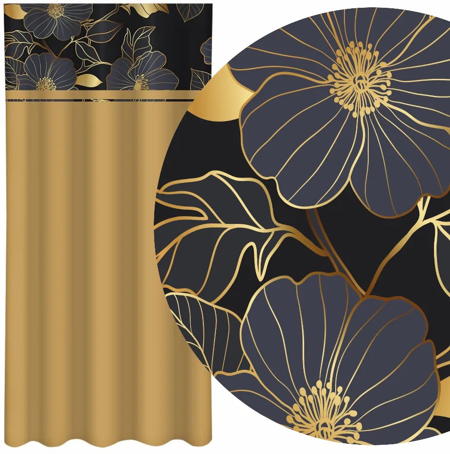 Draperie clasică maro-caramel cu imprimeu de flori aurii Lățime: 160 cm | Lungime: 270 cm