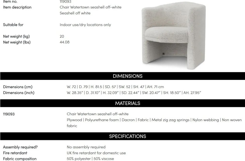 Fotoliu elegant design LUX Watertown, Seashell off white