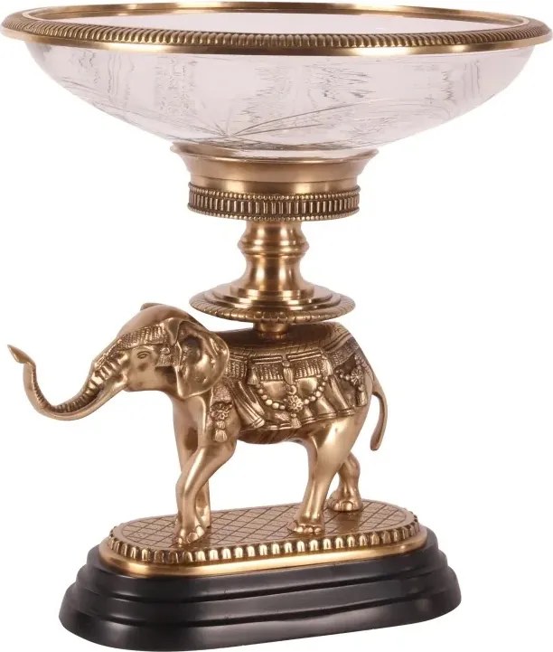 Bol decorativ din sticlă și alamă, auriu, pe picior în formă de elefant împodobit, 40 x 35 cm, „Maharaja”
