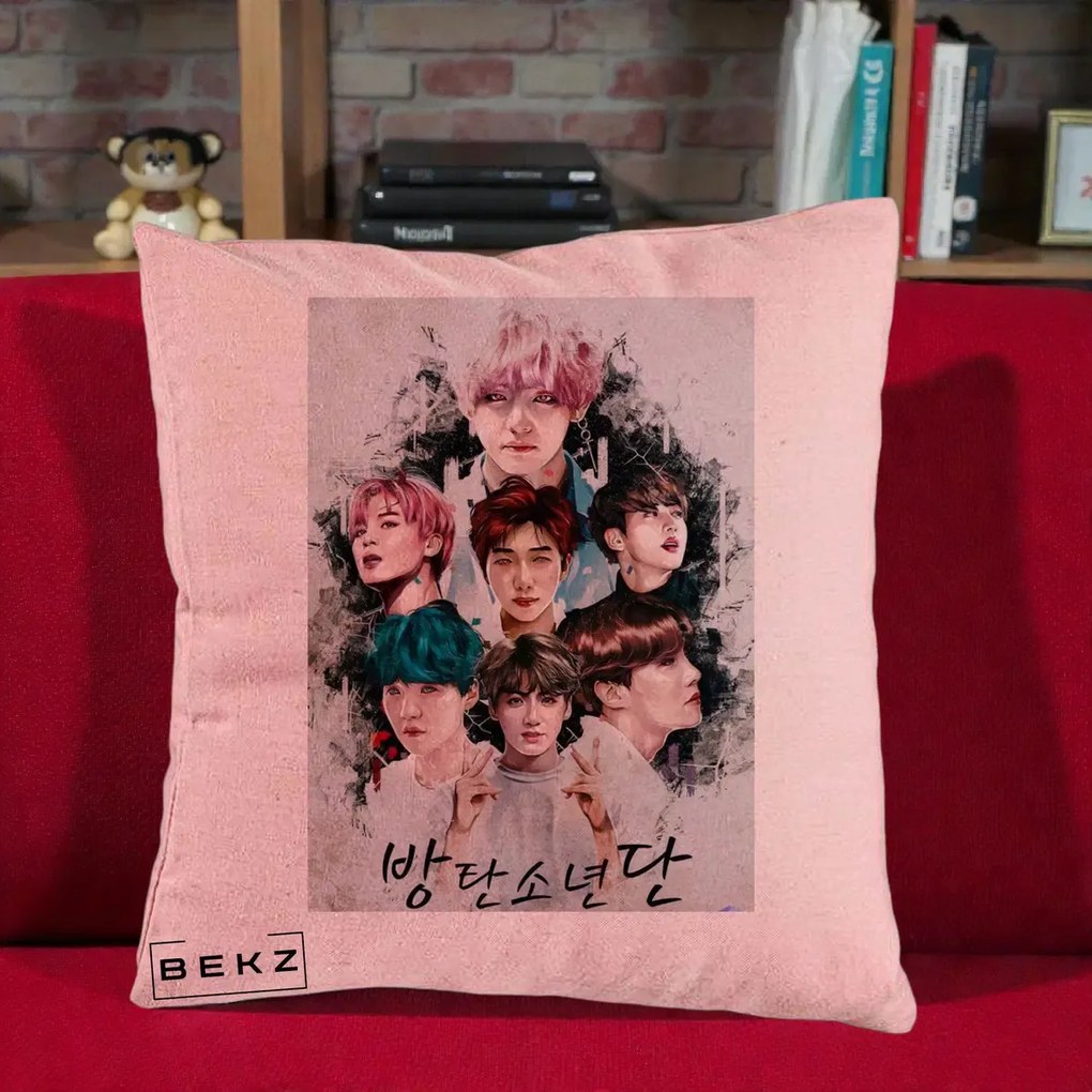 Perna Personalizata K-pop BTS Bangtan Boys Poster Artistic Negru Alb, 40x40 cm, Roz, Husa Detasabila, Perna Inclusa, BEKZ®