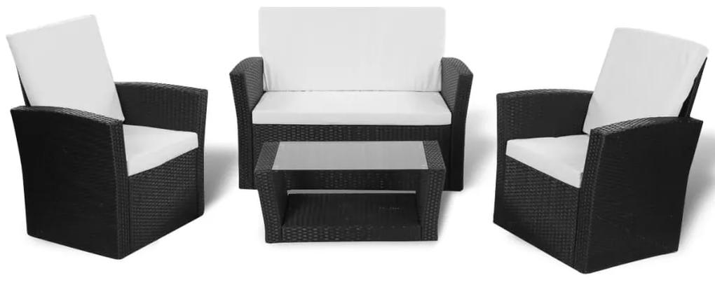 Set mobilier de gradina cu perne, 4 piese, negru, poliratan Negru, 4