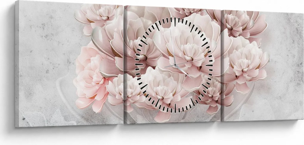 Tablou - Flori roz pe perete (cu ceas) (90x30 cm)