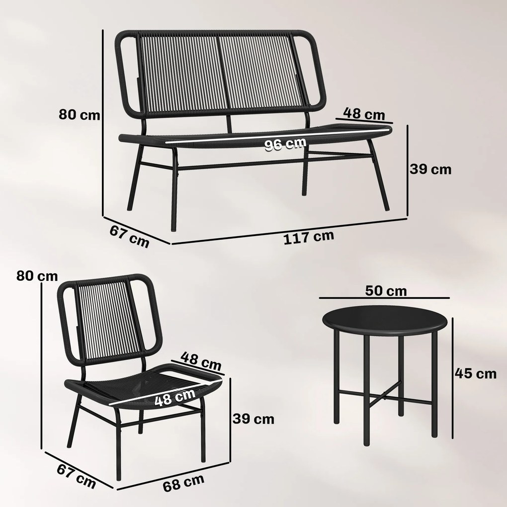 Outsunny Set Mobilier Grădină Ratan 4 Piese, Canapea pentru Exterior cu Măsuță Metalică, Negru | Aosom Romania