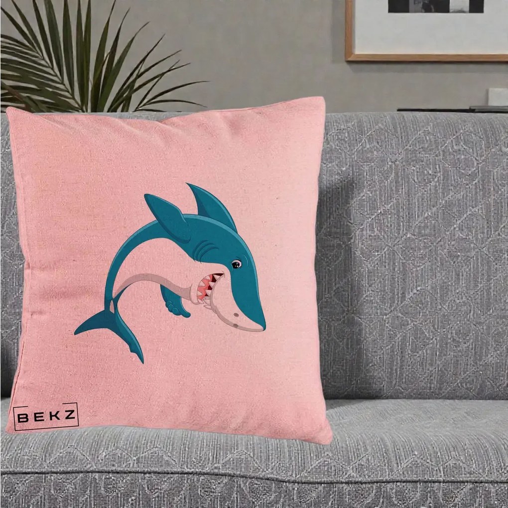 Perna Decorativa Rechin Albastru Cartoon, 40x40 cm, Roz, Husa Detasabila, Perna Inclusa, BEKZ®