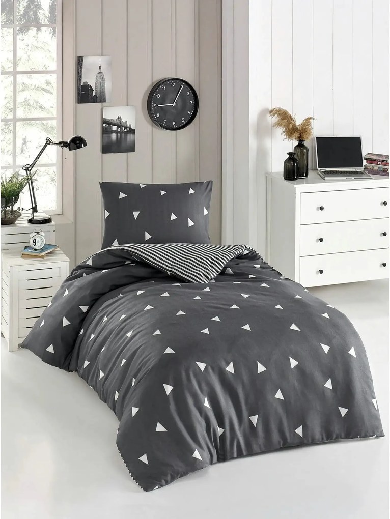 Set lenjerie pat UCGEN, bumbac/poliester, gri/alb, 140x200 cm, cu cear