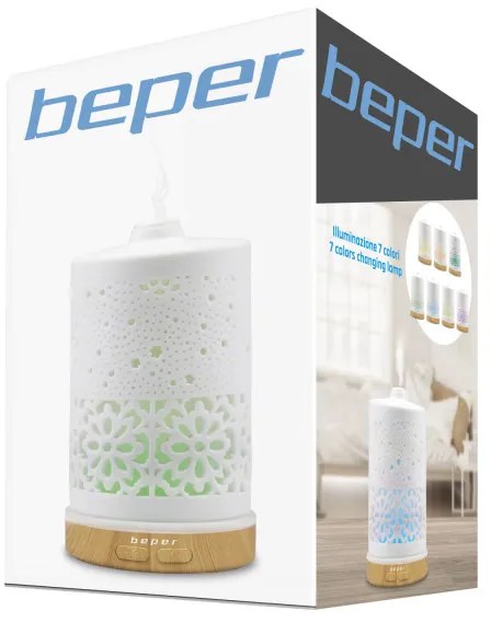 Difuzor de aromа Beper 70.404, USB 5V, 100 ml, 2 trepte, Capac ceramic, Lumina LED, 7 culori, Alb