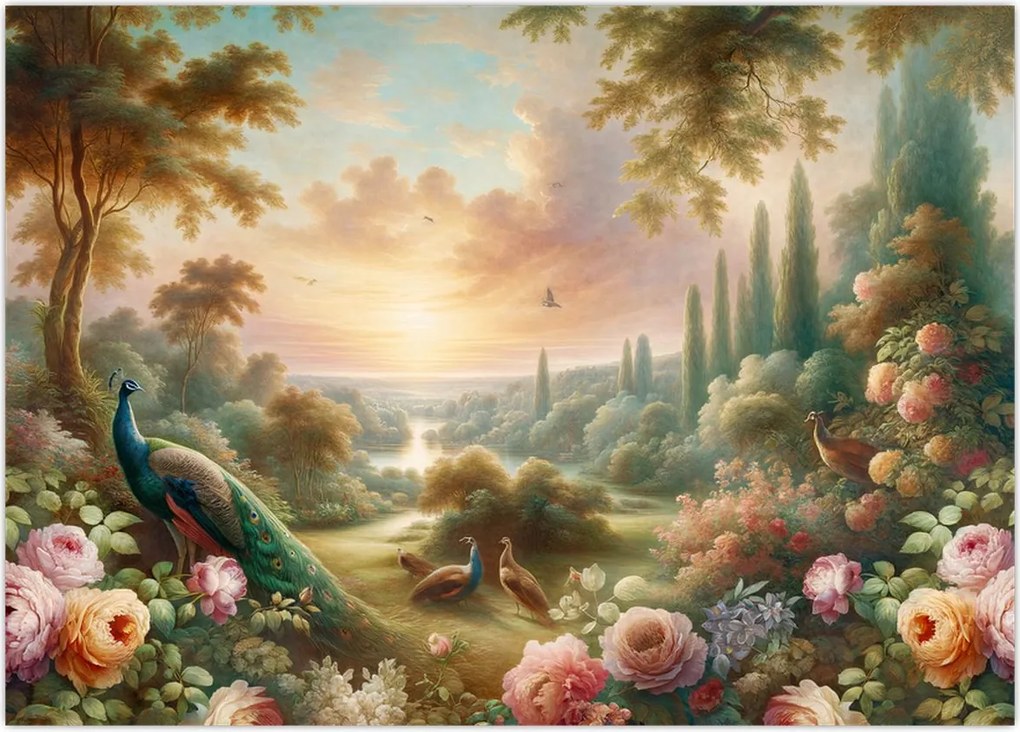 Tablou pe sticlă - Păuni în grădină (70x50 cm)