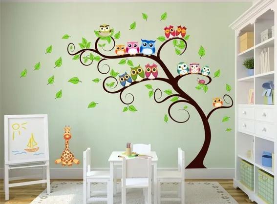 Autocolant frumos de perete pentru copii Bufnițe pe copac 120 x 240 cm