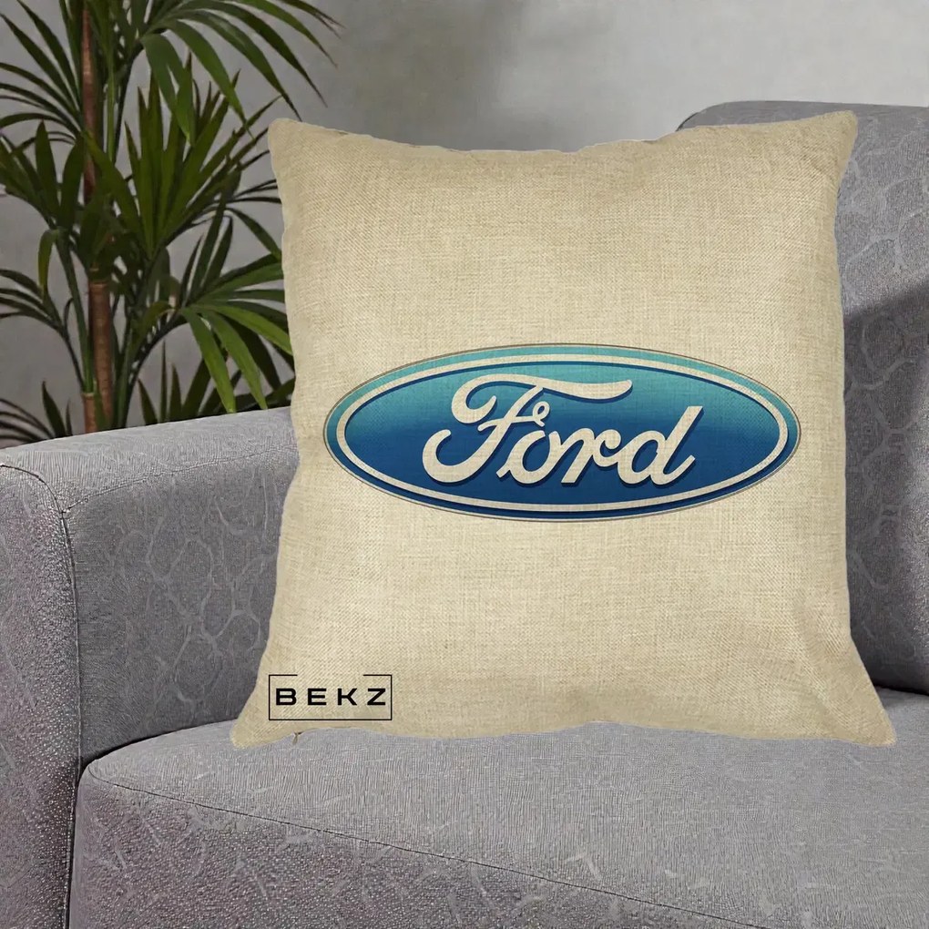 Perna Personalizata cu emblema Ford, 40x40 cm, Crem, Husa Detasabila, Perna Inclusa, BEKZ®