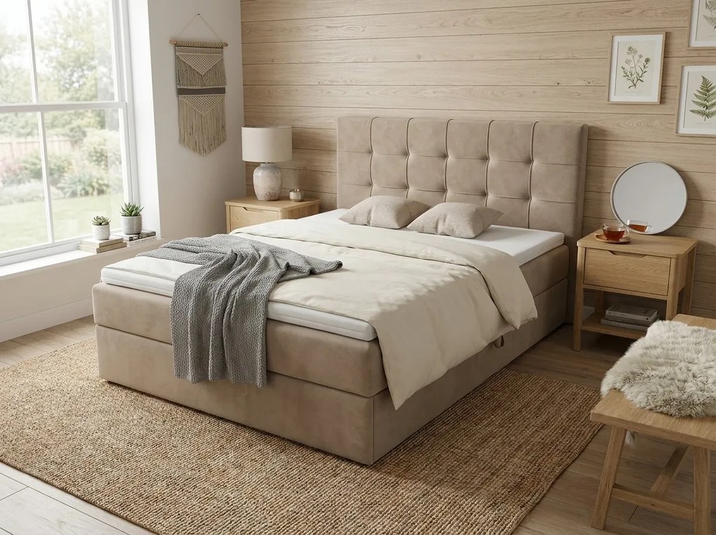 Pat tapițat tip boxspring DIRELIS TRINITY160x200 cm bej Saltea: Saltea cu arcuri Bonell
