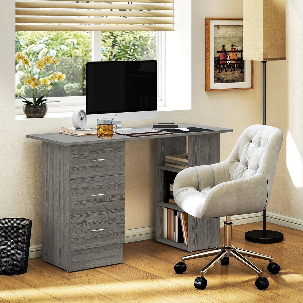 HOMCOM Birou modern cu 3 Sertare si Rafturi in Lemn Alb 120x49x72cm | Aosom Romania