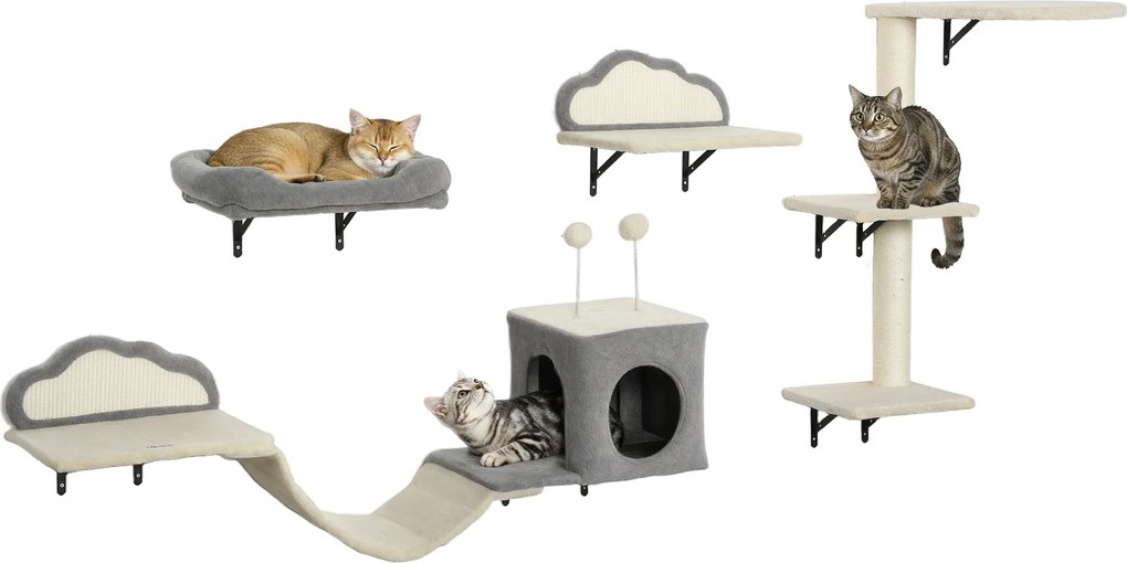 PawHut Set copac de zgâriere montat pe perete, suprafețe de zgâriere din sisal, 4 piese, pentru 1-3 pisici, Bej | Aosom Romania