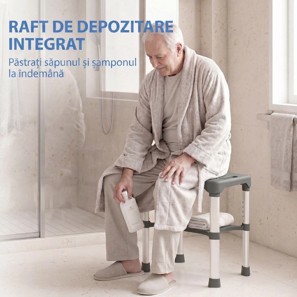 HOMCOM Scaun de Duș din Aluminiu cu Raft Integrat, Înălțime Reglabilă pe 5 Niveluri, Suport 150kg, Gri | Aosom Romania
