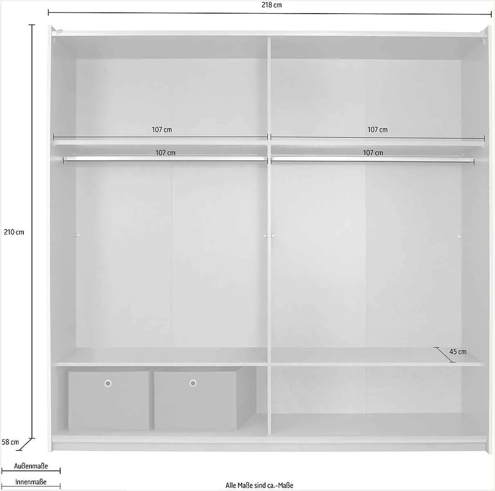 Dressing 218 cm lungime, 2 usi glisante, oglinda pe mijloc, culoare alb lucios, 210 cm inaltime