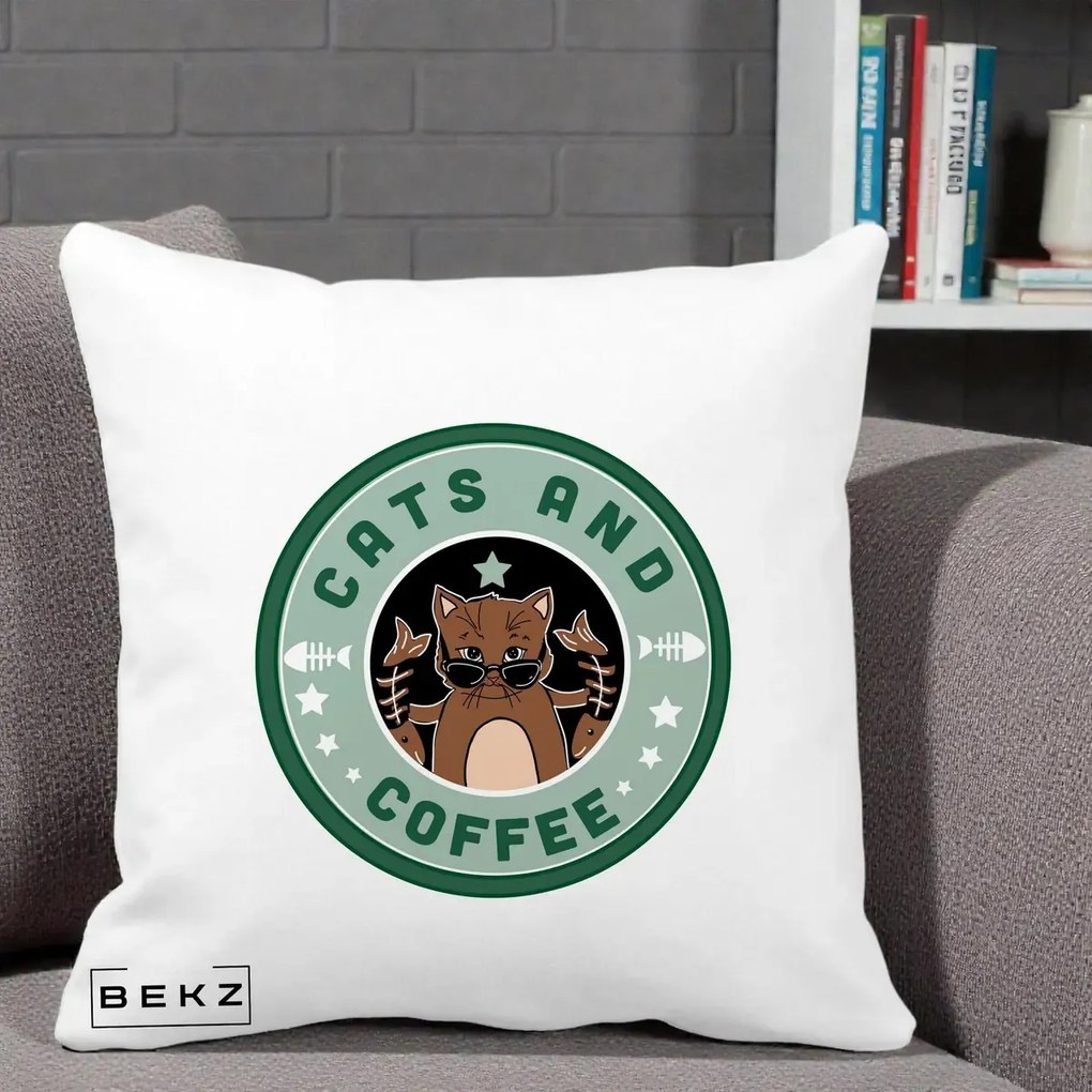 Perna Personalizata Cats and Coffee Starbucks, 40x40 cm, Alba Mata, Husa Detasabila, Perna Inclusa, BEKZ®