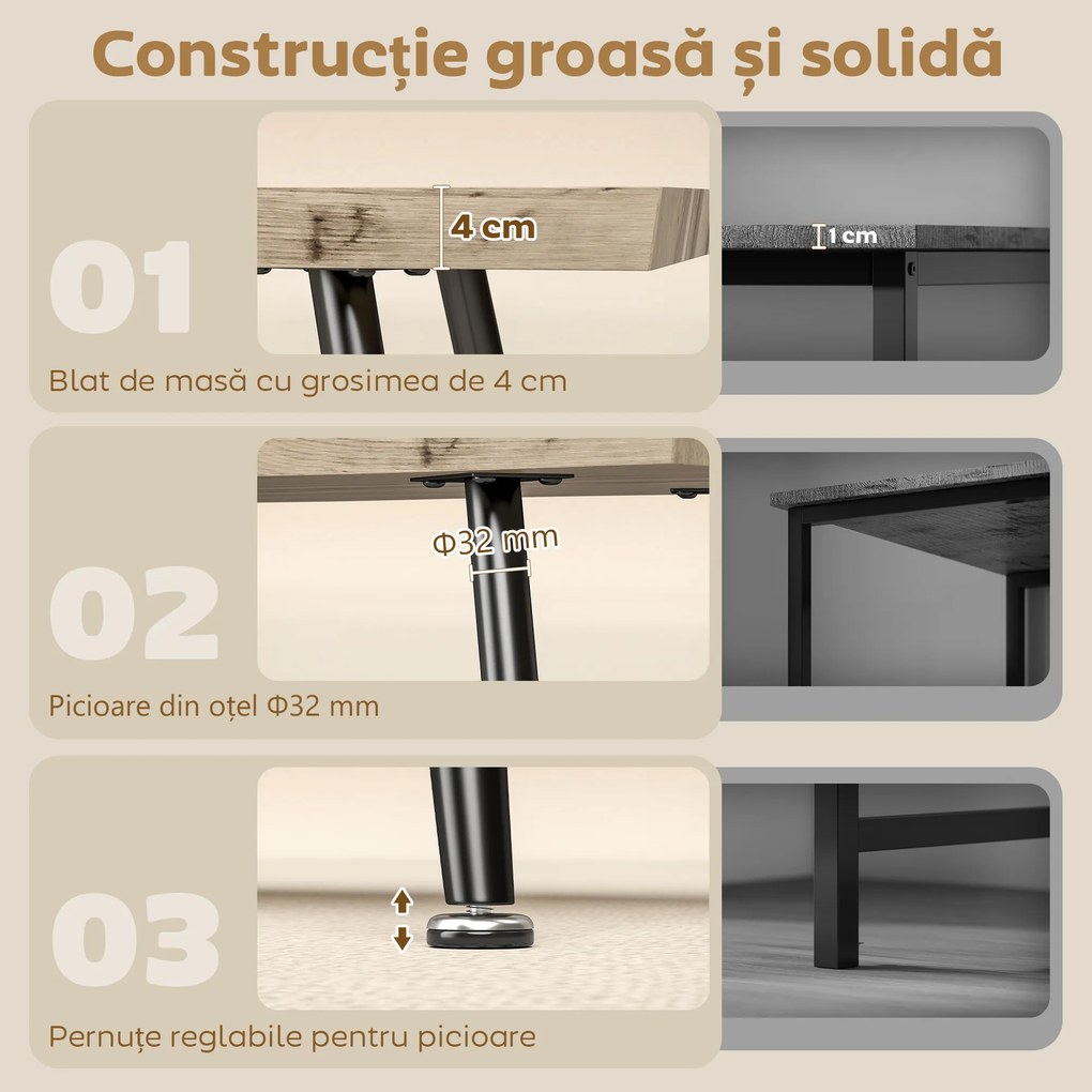 HOMCOM Măsuță de Cafea cu Blat Gros, Picioare Reglabile, Design Nordic cu Picioare din Oțel, 100x50x45 cm, Stejar | Aosom Romania