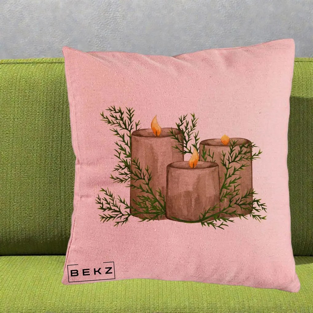 Perna Decorativa Lumanari Rustice cu Crengute Brad, 40x40 cm, Roz, Husa Detasabila, Perna Inclusa, BEKZ®