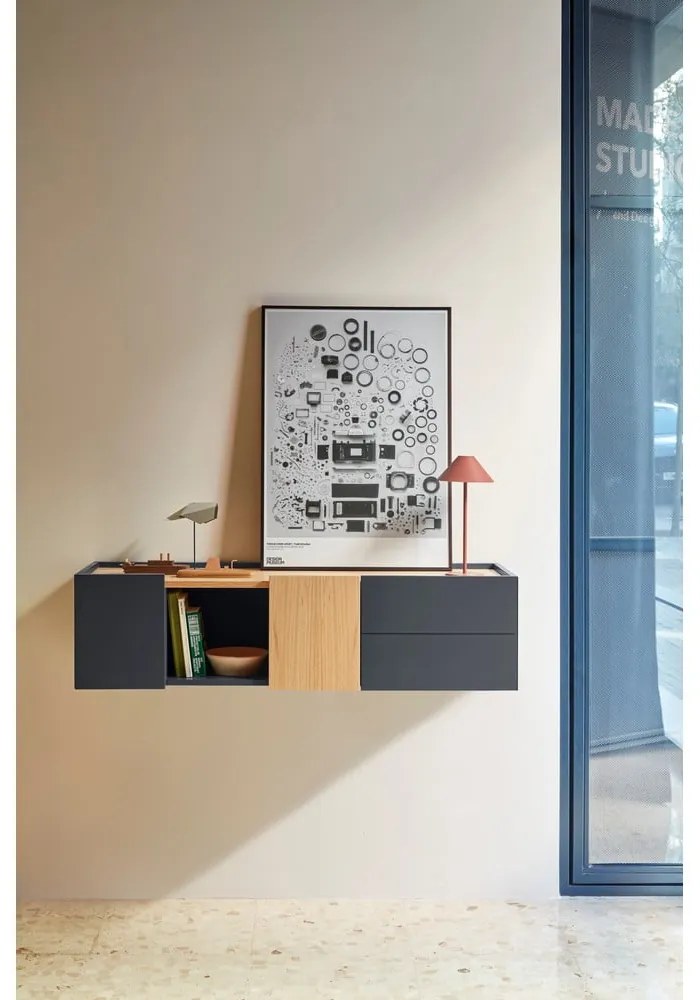 Comodă gri antracit-natural joasă cu aspect de lemn de stejar 110x23 cm Otto – Teulat