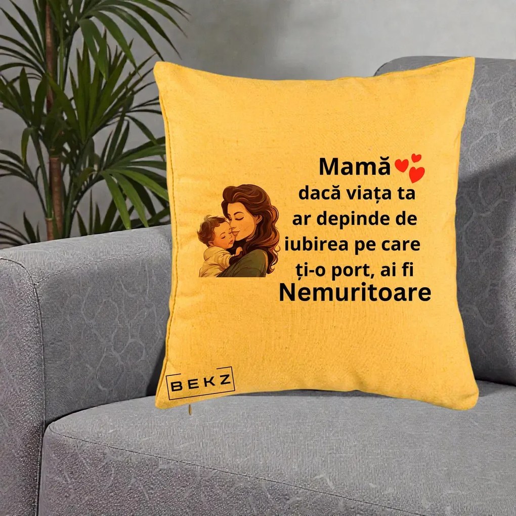 Cadou pentru Mama - Perna Personalizata Mama Nemuritoare cu Bebelus Lineart, 40x40 cm, Galben, Husa Detasabila, Perna Inclusa, BEKZ®
