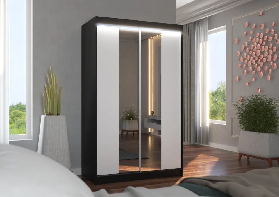 Dulap cu usi glisante si oglinda + iluminare LED, Marvin 120 + LED, 120 cmx200 cmx58 cm, ADRK Furniture (Culoare: Sonoma / Alb)