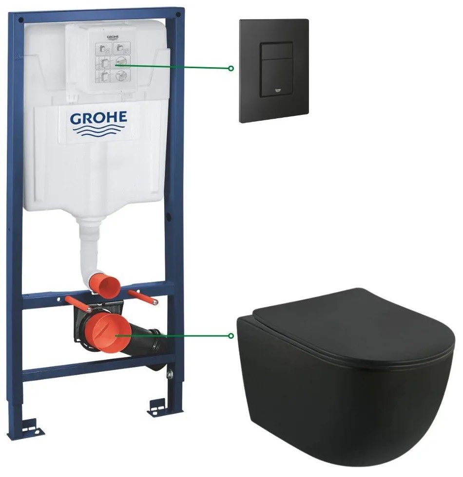 Set vas wc suspendat negru mat cu capac soft close Foglia, rezervor incastrat Grohe Solido 3 in 1 cu clapeta neagra mata Even