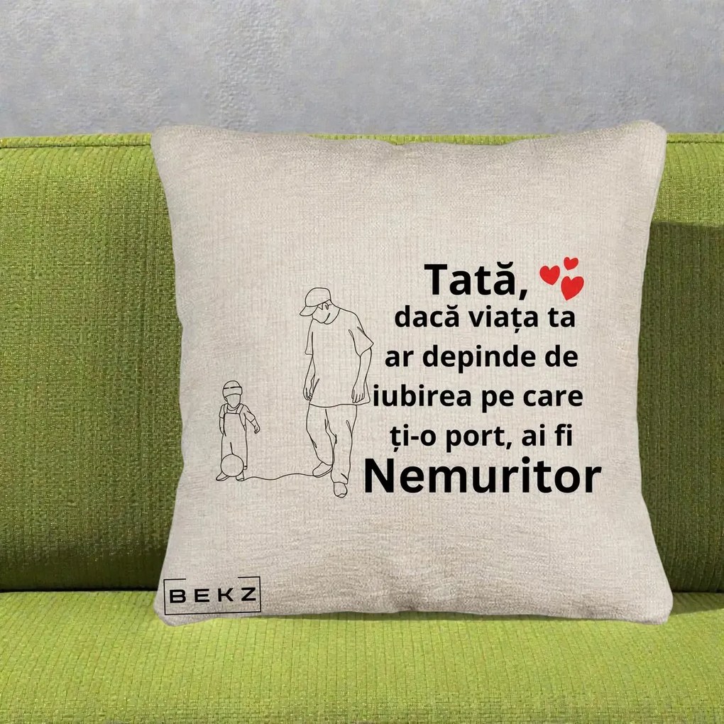 Cadou pentru Tata - Perna Personalizata Tata Nemuritor Joaca cu Mingea, 40x40 cm, Bej Canapea, Husa Detasabila, Perna Inclusa, BEKZ®