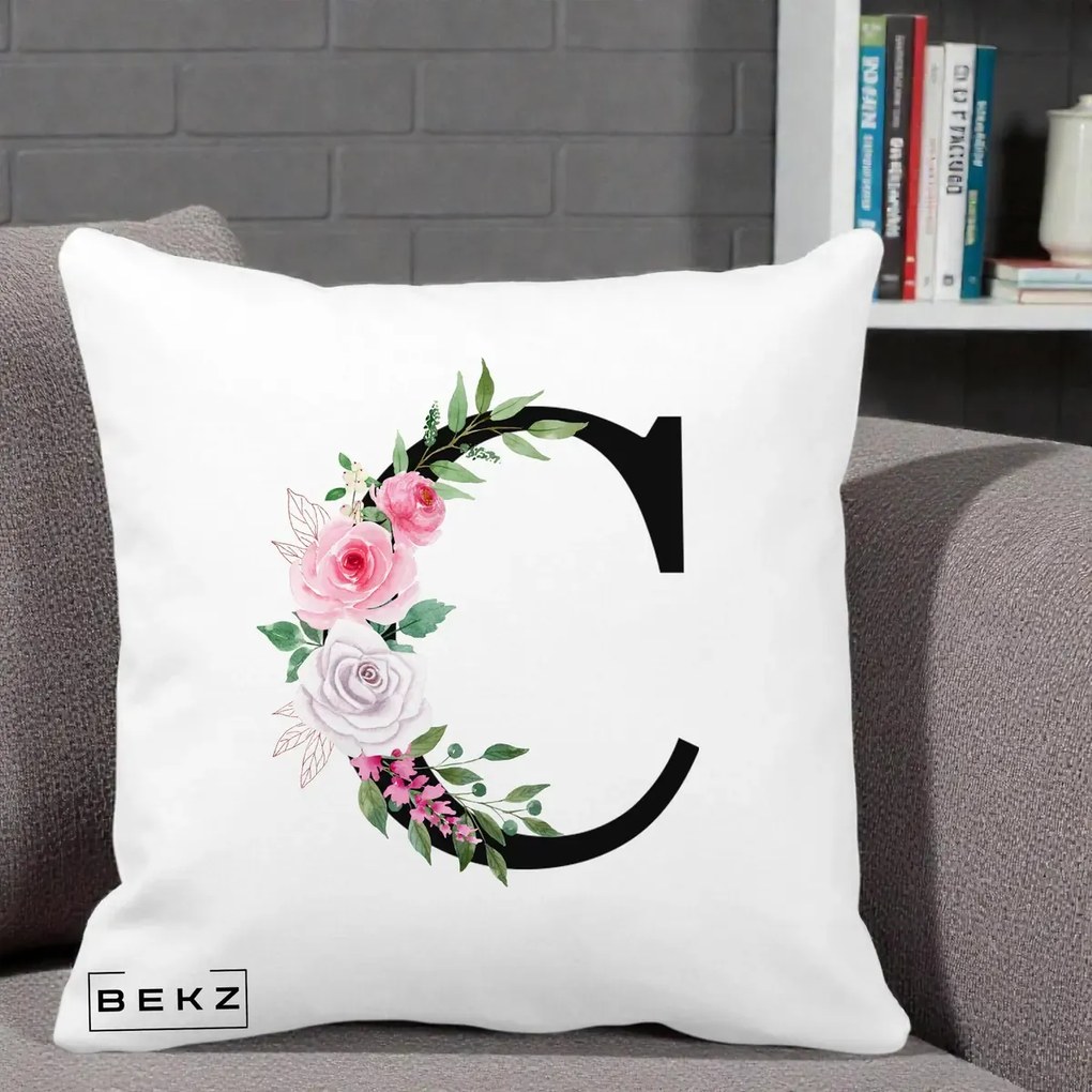 Cadou Personalizat - Perna Personalizata Monograma Florala Litera C, 40x40 cm, Alba Mata, Husa Detasabila, Perna Inclusa, BEKZ®