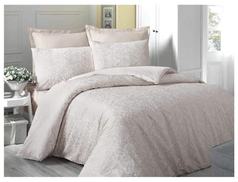 Lenjerie de pat cu cearșaf din bumbac satinat, pentru pat dublu Victoria Cream, 200 x 220 cm