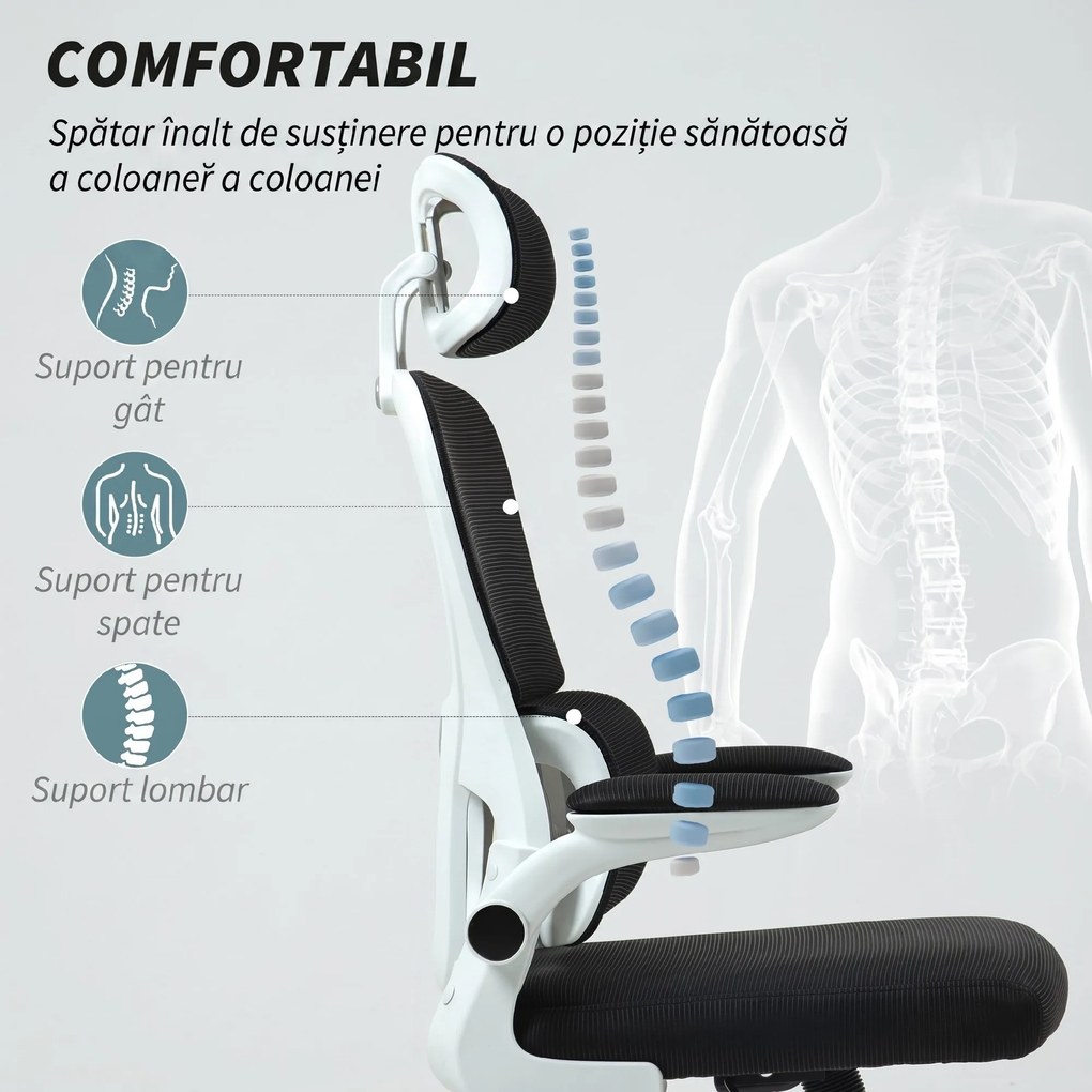 HOMCOM Scaun Birou cu Înălțime Reglabilă, Brațe Rabatabile și Tetieră, Scaun Ergonomic 62x61x112-120 cm, Negru | Aosom Romania