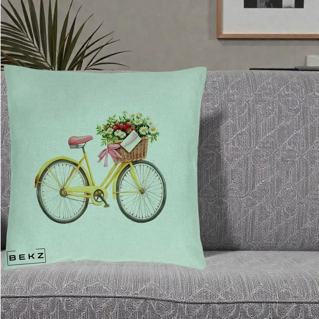 Perna Decorativa Bicicleta Galbena cu Cos de Flori Primavara, 40x40 cm, Verde Menta, Husa Detasabila, Perna Inclusa, BEKZ®