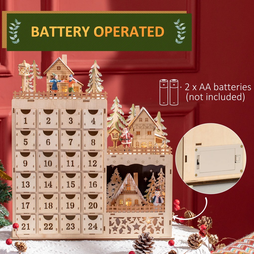 Calendar Advent de Craciun din lemn, cu lumini LED, pentru copii si adulti, natural HOMCOM | Aosom Romania